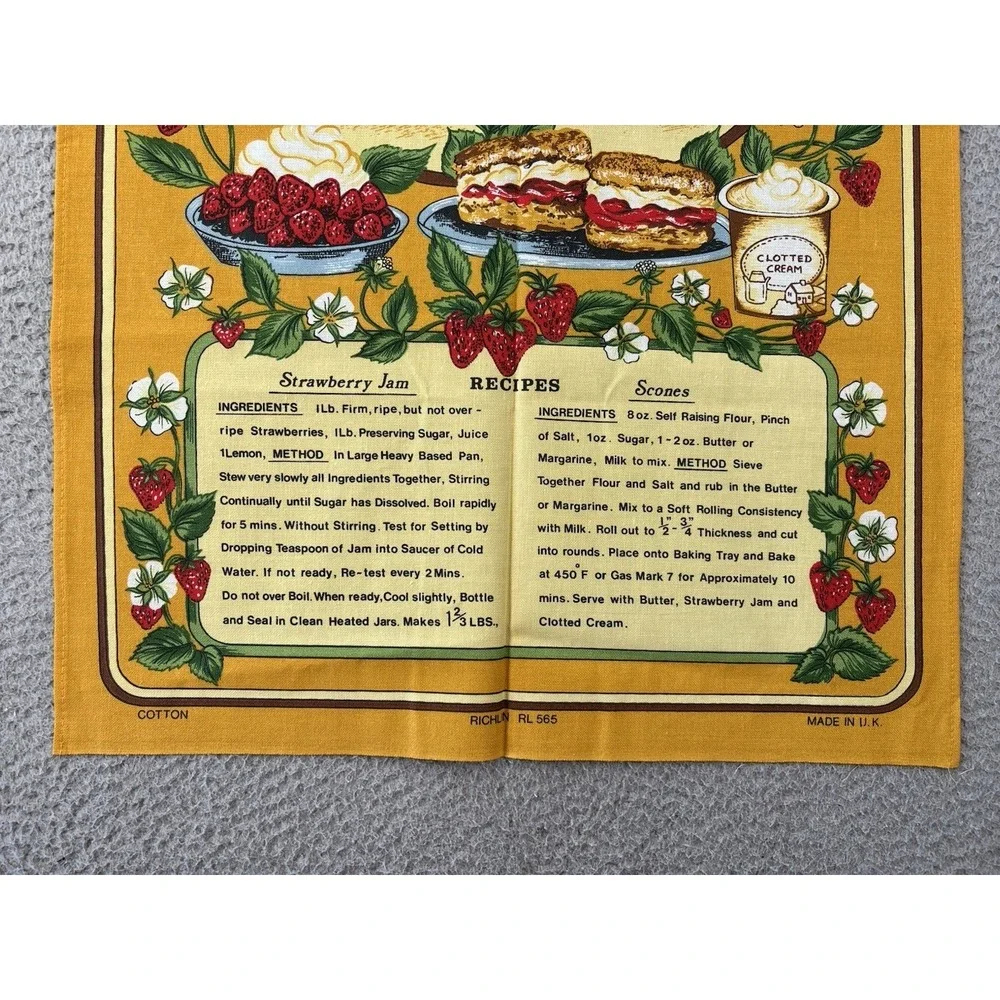 Vintage Cream Teas Tea Towel Souvenir Recipes Scones Strawberry Jam MCM NWOT